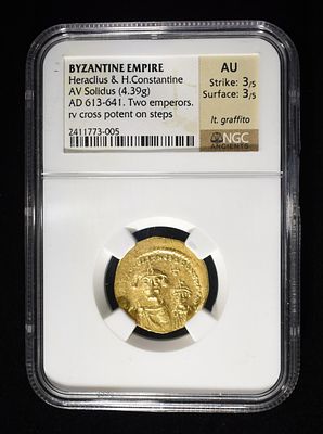 613-641 BYZANTINE GOLD SOLIDUS 2 EMPERORS NGC AU. HERACLIUS & CONSTANTINE. ESTIMATE $1500 - $2000.