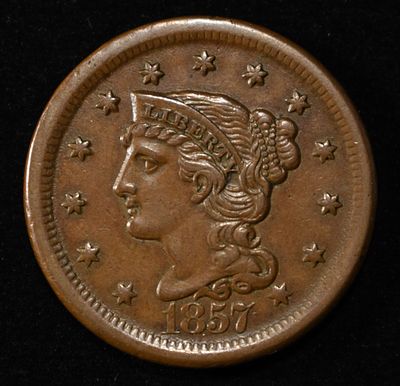 1857 LARGE CENT AU. LEADERS IN ON-LINE AUCTIONS ESTIMATE $300 - $350.