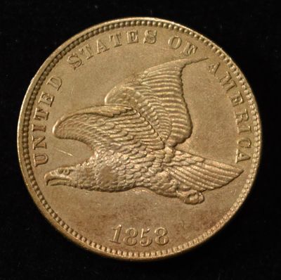 1858 FLYING EAGLE CENT AU/BU. WEEKLY COIN & CURRENCY AUCTIONS ESTIMATE $450 - $550.