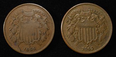 1864 VF CUD & 1865 XF TWO CENT PIECES. BID WITH SILVER CITY AUCTIONS ESTIMATE $75 - $100.