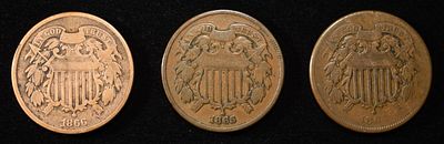 1864, 1865, 1866 TWO CENT PIECES F-VF. LEADERS IN ON-LINE AUCTIONS ESTIMATE $75 - $100.