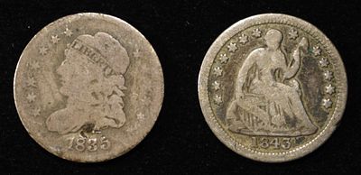 1835 BUST G-DAMAGED, 1843 SEATED G HALF DIMES. LEADERS IN ON-LINE AUCTIONS ESTIMATE $75 - $100.