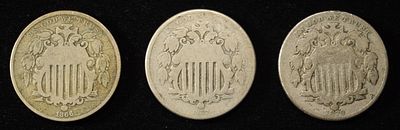 1866 & 1867 RAYS, 1870 SHIELD NICKELS GOOD. BID WITH SILVER CITY AUCTIONS ESTIMATE $75 - $100.
