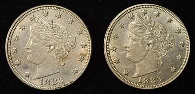 (2) 1883 NO CENTS LIBERTY NICKELS AU/BU. LEADERS IN ON-LINE AUCTIONS ESTIMATE $100 - $130.