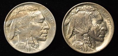 1913 T-1 CH BU & 1919 AU/BU BUFFALO NICKELS. WEEKLY COIN & CURRENCY AUCTIONS ESTIMATE $100 - $130.