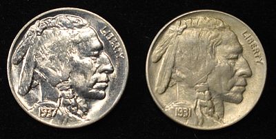 1931-S CH AU, 1937 CH BU BUFFALO NICKELS. BID WITH SILVER CITY AUCTIONS ESTIMATE $100 - $130.