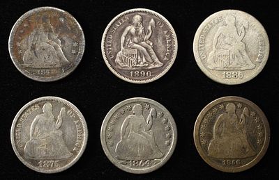 1841-O,54, 56, 75, 86, 90 SEATED LIBERTY DIMES. WEEKLY COIN & CURRENCY AUCTIONS ESTIMATE $130 - $150.