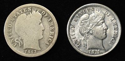 1911 AU, & 1913-S GOOD BARBER DIMES. CHECK OUT OUR UPCOMING AUCTIONS ESTIMATE $75 - $100.