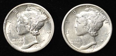 1916 BU & 1917-S CH AU MERCURY DIMES. BID WITH SILVER CITY AUCTIONS ESTIMATE $120 - $150.