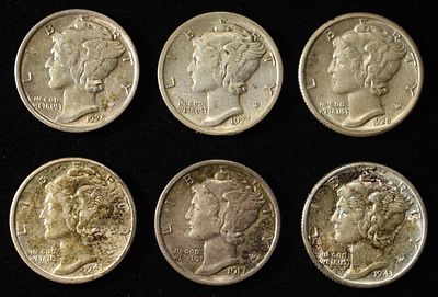 1917, 1923, 1925, 1928, 1943-S,D MERCURY DIMES. LEADERS IN ON-LINE AUCTIONS ESTIMATE $100 - $130.