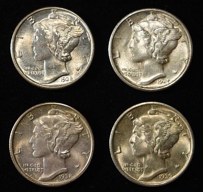 1938-P,D, 1939-D, 1945-S MERCURY DIMES. TOP RATED AUCTION HOUSE ESTIMATE $120 - $150.