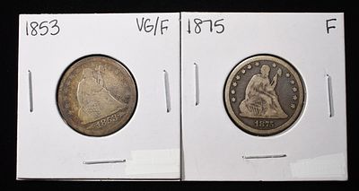 1853, 75 SEATED LIBERTY QUARTERS VG/F. CHECK OUT OUR UPCOMING AUCTIONS ESTIMATE $75 - $100.