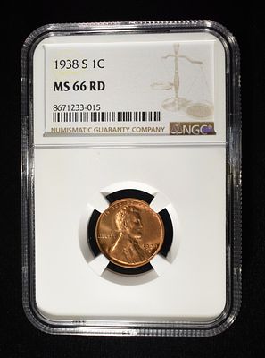 1938-S LINCOLN CENT NGC MS-66 RD. BID WITH SILVER CITY AUCTIONS ESTIMATE $50 - $75.