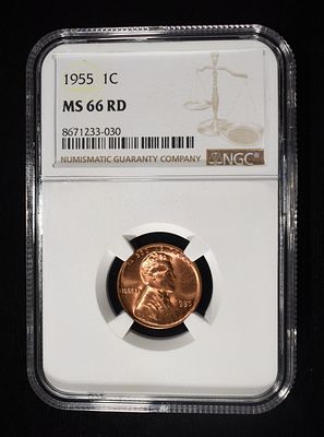 1955 LINCOLN CENT NGC MS-66 RD. TOP RATED AUCTION HOUSE ESTIMATE $75 - $100.