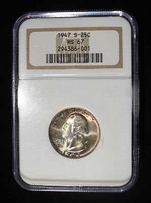 1947-S WASHINGTON QUARTER NGC MS67. BID WITH SILVER CITY AUCTIONS ESTIMATE $220 - $270.