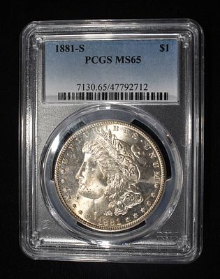 1881-S MORGAN DOLLAR PCGS MS 65. ESTIMATE $200 - $250.