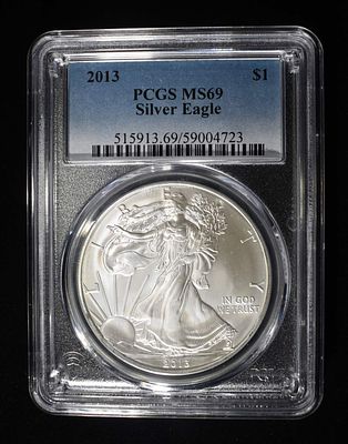 2013 AMERICAN SILVER EAGLE PCGS MS69. LEADERS IN ON-LINE AUCTIONS ESTIMATE $90 - $130.