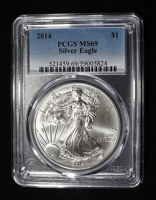 2014 AMERICAN SILVER EAGLE PCGS MS69. CHECK OUT OUR UPCOMING AUCTIONS ESTIMATE $90 - $130.