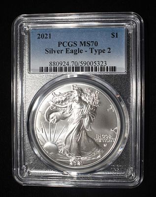 2021 TYPE 2 AMERICAN SILVER EAGLE PCGS MS70. BID WITH SILVER CITY AUCTIONS ESTIMATE $90 - $130.