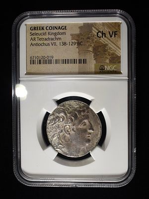 138-129 BC ANTIOCHUS VII AR TETRADRACHM NGC CH VF. LEADERS IN ON-LINE AUCTIONS ESTIMATE $450 - $500.