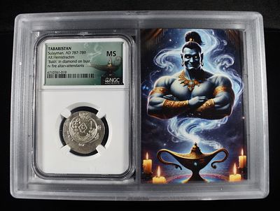 AD 787-789 TABARISTAN NGC MS. AR HEMIDRACHM, SULAYMAN, 'BAKH' IN DIAMOND ON BUST RV FIRE ALTAR + 