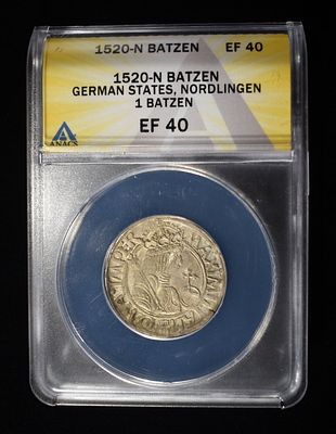 1520-N BATZEN GERMAN STATES NORDLINGEN ANACS EF-40. LEADERS IN ON-LINE AUCTIONS ESTIMATE $200 - $250.