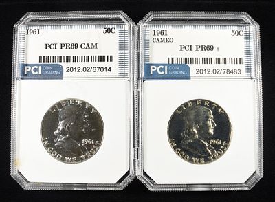 (2) 1961 FRANKLIN HALVES PR CAM SUPERB GEM+ BU. LEADERS IN ON-LINE AUCTIONS ESTIMATE $120 - $160.