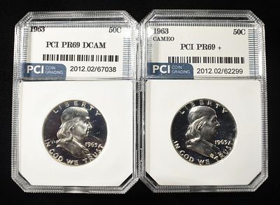 (2) 1963 FRANKLIN HALVES PR PCI SUPERB GEM+ BU. LEADERS IN ON-LINE AUCTIONS ESTIMATE $120 - $160.