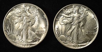 1943, 1945 WALKING LIBERTY HALF DOLLARS BU. BID WITH SILVER CITY AUCTIONS ESTIMATE $75 - $100.
