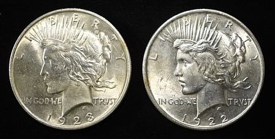 1922, 23 PEACE DOLLARS. BID WITH SILVER CITY AUCTIONS ESTIMATE $80 - $120.