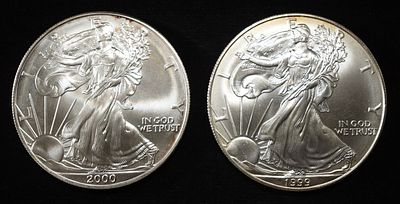 1999 & 2000 AMERICAN SILVER EAGLES. LEADERS IN ON-LINE AUCTIONS ESTIMATE $150 - $200.
