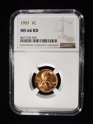 1957 LINCOLN CENT NGC MS-66 RD. LEADERS IN ON-LINE AUCTIONS ESTIMATE $60 - $80.
