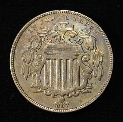 1867 RAYS SHIELD NICKEL CH AU. LEADERS IN ON-LINE AUCTIONS ESTIMATE $300 - $350.