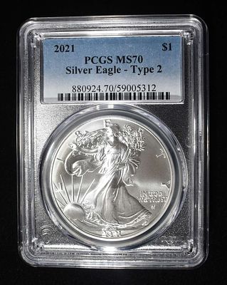 2021 TYPE 2 AMERICAN SILVER EAGLE PCGS MS70. CHECK OUT OUR UPCOMING AUCTIONS ESTIMATE $90 - $130.