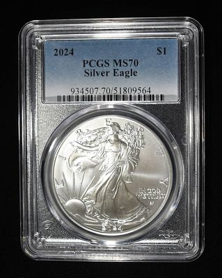 2024 AMERICAN SILVER EAGLE PCGS MS70. TOP RATED AUCTION HOUSE ESTIMATE $90 - $130.