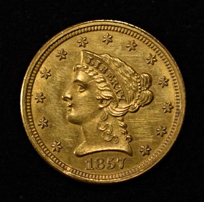 1857-S $2 1/2 GOLD CH/GEM BU. LEADERS IN ON-LINE AUCTIONS ESTIMATE $8500 - $9000.