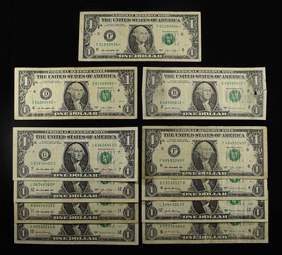 3 STAR NOTES & 8 WITH FANCY SERIAL NUMBER. LEADERS IN ON-LINE AUCTIONS ESTIMATE $75 - $100.