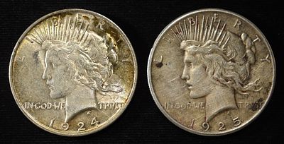 1924 & 1925 PEACE DOLLARS. TOP RATED AUCTION HOUSE ESTIMATE $160 - $210.
