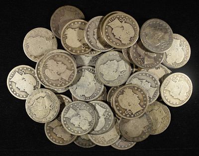 (40) 90% SILVER BARBER QUARTERS. LEADERS IN ON-LINE AUCTIONS ESTIMATE $540 - $590.