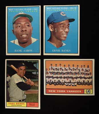 (4) MLB CARDS. #484 AARON MVP, #485 BANKS MVP (BLEMISH), #425 BERRA TOPPS & #228 NEW YORK 