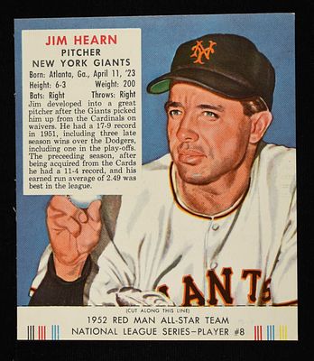 1952 RED MAN ALL-STAR TEAM NLCS PLAYER #8. JIM HEARN #8 NM ESTIMATE $150 - $200.