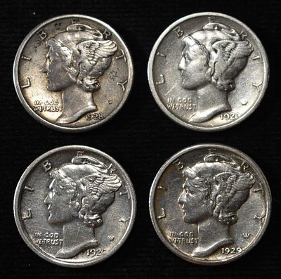 1920-P&S, 1928-S, 1929 MERCURY DIMES. TOP RATED AUCTION HOUSE ESTIMATE $120 - $160.