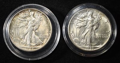 1943 & 1944-S WALKING LIBERTY HALF DOLLARS. LEADERS IN ON-LINE AUCTIONS ESTIMATE $80 - $120.