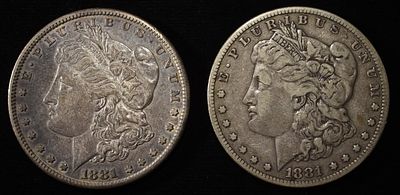 1881-P,S MORGAN DOLLARS. TOP RATED AUCTION HOUSE ESTIMATE $160 - $210.