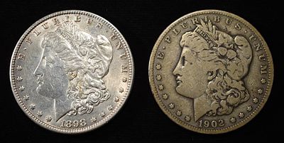 1898 & 1902 MORGAN DOLLARS. BID WITH SILVER CITY AUCTIONS ESTIMATE $160 - $210.