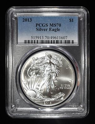 2013 AMERICAN SILVER EAGLE PCGS MS70. LEADERS IN ON-LINE AUCTIONS ESTIMATE $90 - $130.