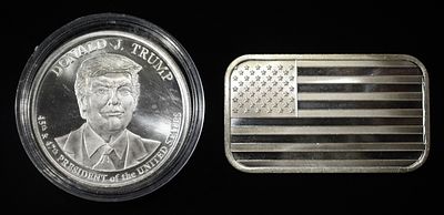 TRUMP 1 OZ SILVER ROUND AND FLAG 1 OZ SILVER BAR. TOP RATED AUCTION HOUSE ESTIMATE $150 - $200.
