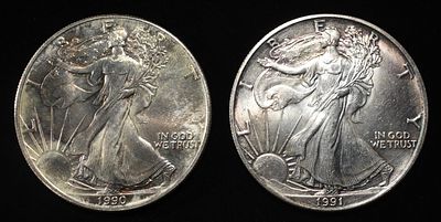 1990 & 1991 AMERICAN SILVER EAGLES. LEADERS IN ON-LINE AUCTIONS ESTIMATE $160 - $210.