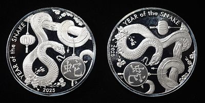 (2) 1 OZ .999 SILVER YEAR OF THE SNAKE ROUNDS. BID WITH SILVER CITY AUCTIONS ESTIMATE $120 - $160.