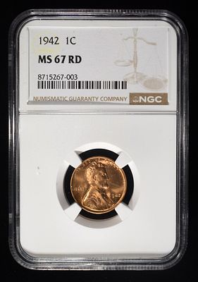 1942 LINCOLN CENT NGC MS-67 RD. LEADERS IN ON-LINE AUCTIONS ESTIMATE $150 - $200.